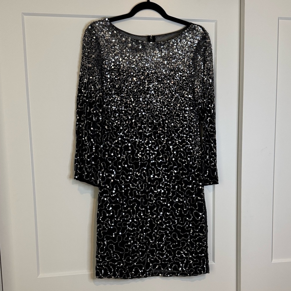 Alice + Olivia Black and Silver Silk Long Sleeve Ombré Sequin Mini Dress